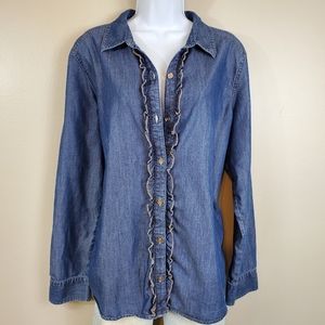 Jones New York Jeans Button Down Denim Top With Ruffle Accent